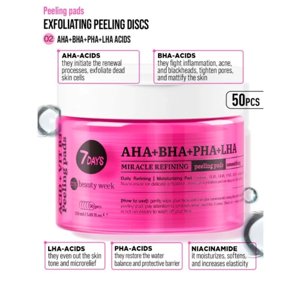 7DAYS Exfoliating, Nourishing Peeling Pads AHA, BHA, PHA, LHA 150ml - Image 2